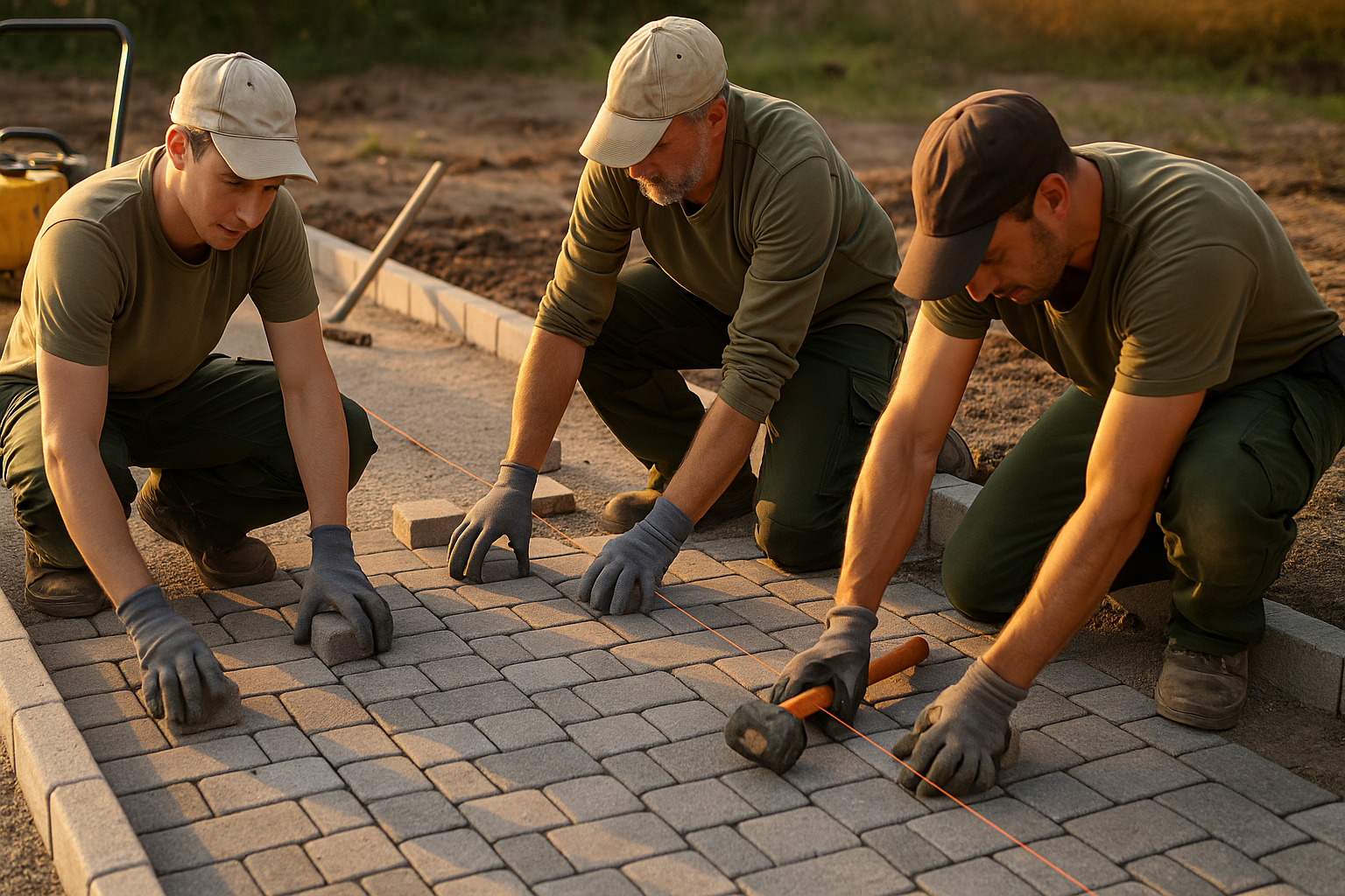 Garten- und Landschaftsbauer beim Verlegen von Pflastersteinen