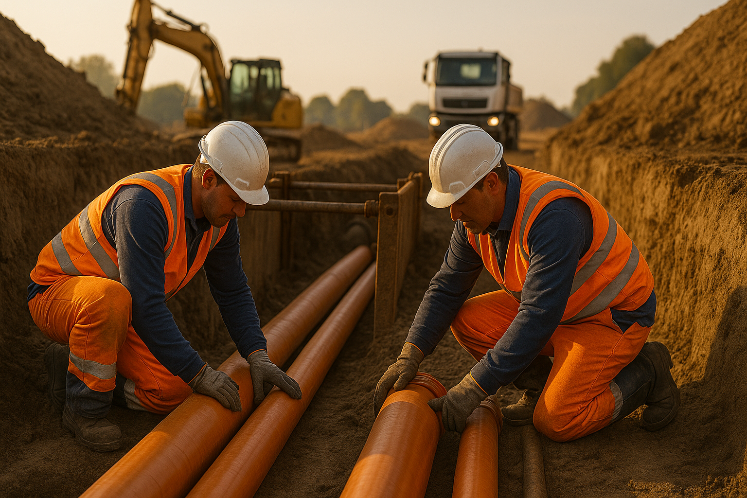 Facharbeiter im Tiefbau und Kanalbau auf einer Baustelle
