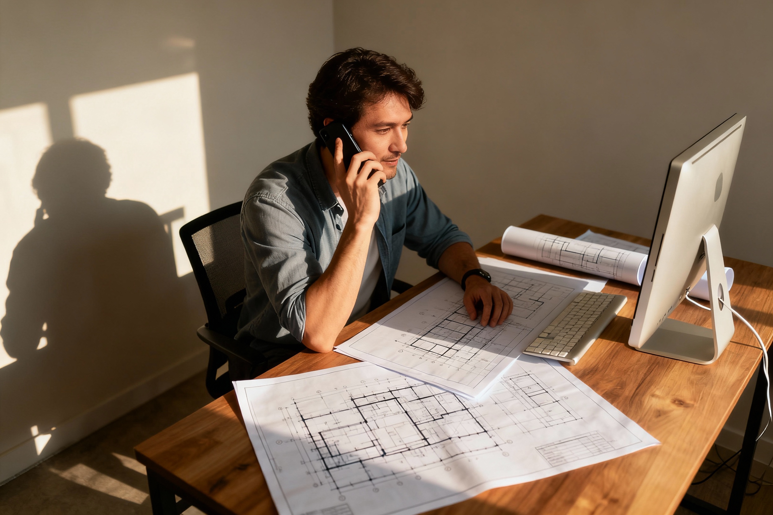 Büro von BauWerk Lippe mit Telefon und Bauplänen