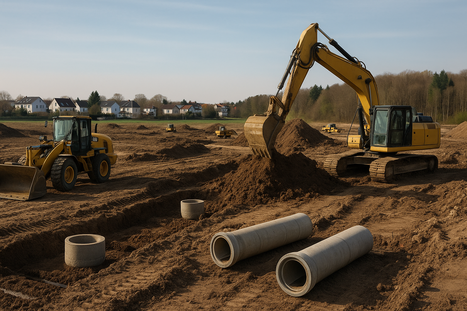 Baustelle mit gerodeter Fläche und Erschließungsarbeiten für ein Baugebiet