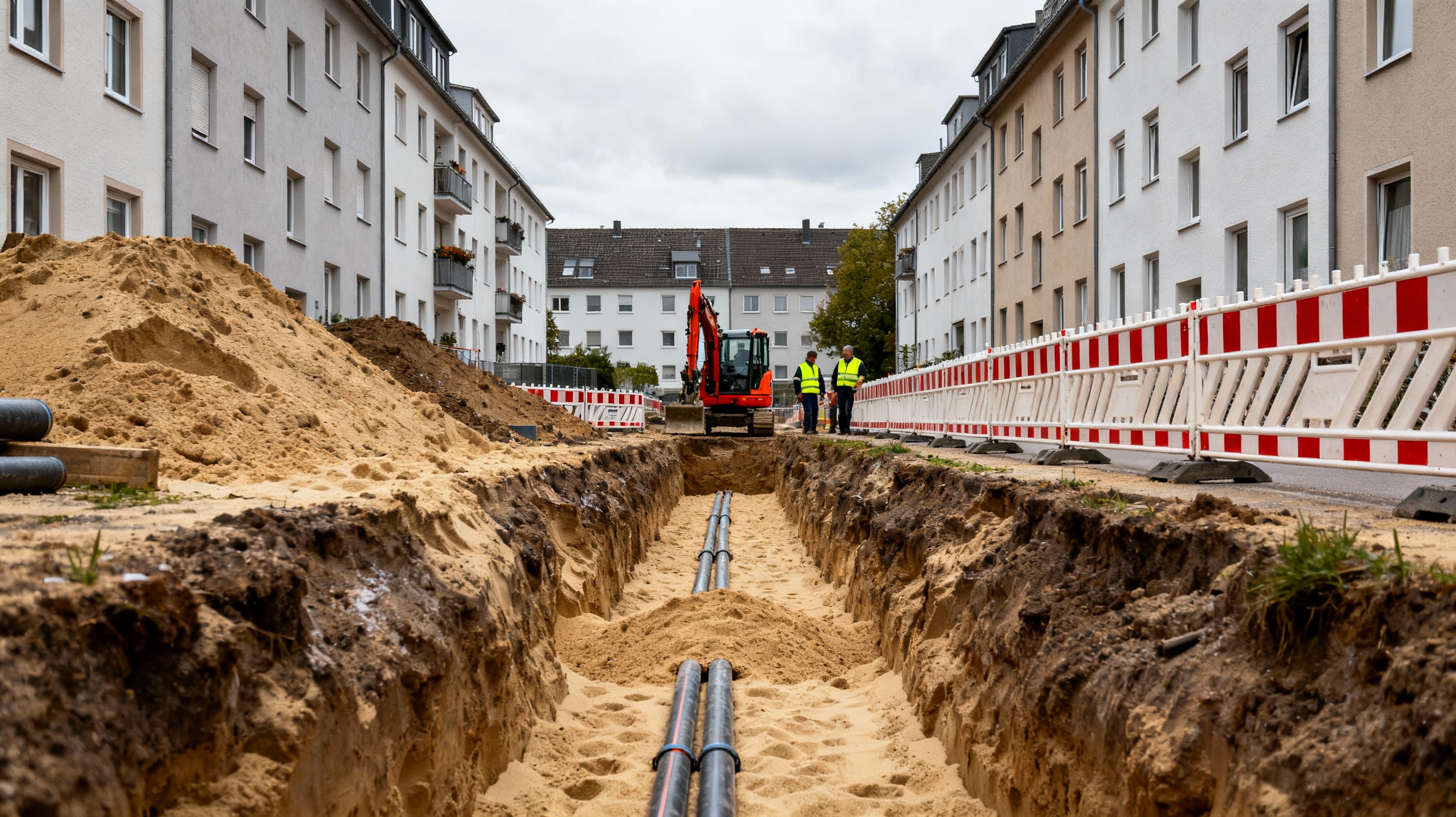 Tiefbau- und Kanalbauarbeiten mit offenem Leitungsgraben vor einer Wohnanlage