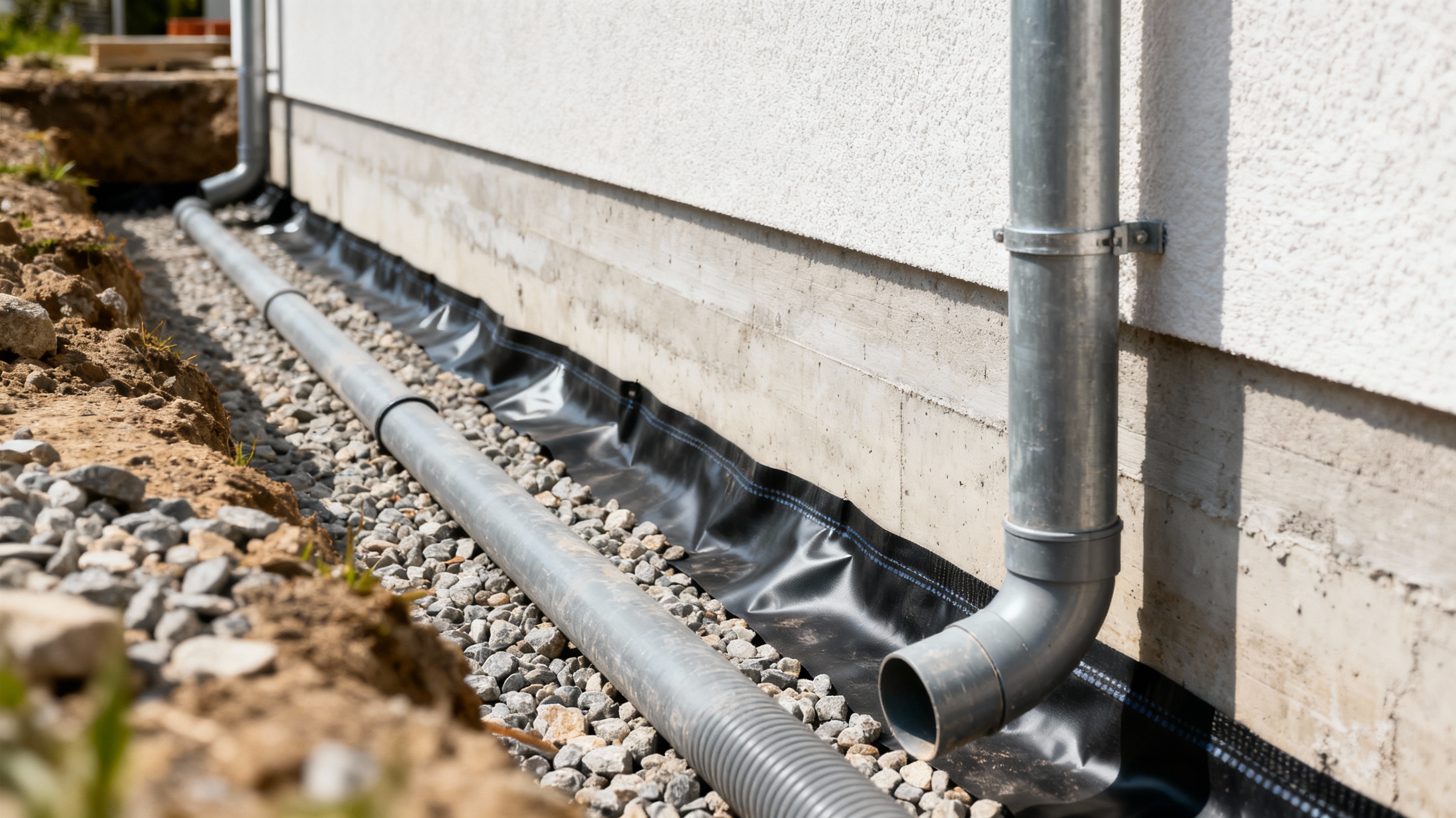 Freigelegte Kellerwand mit Abdichtung und Drainagearbeiten