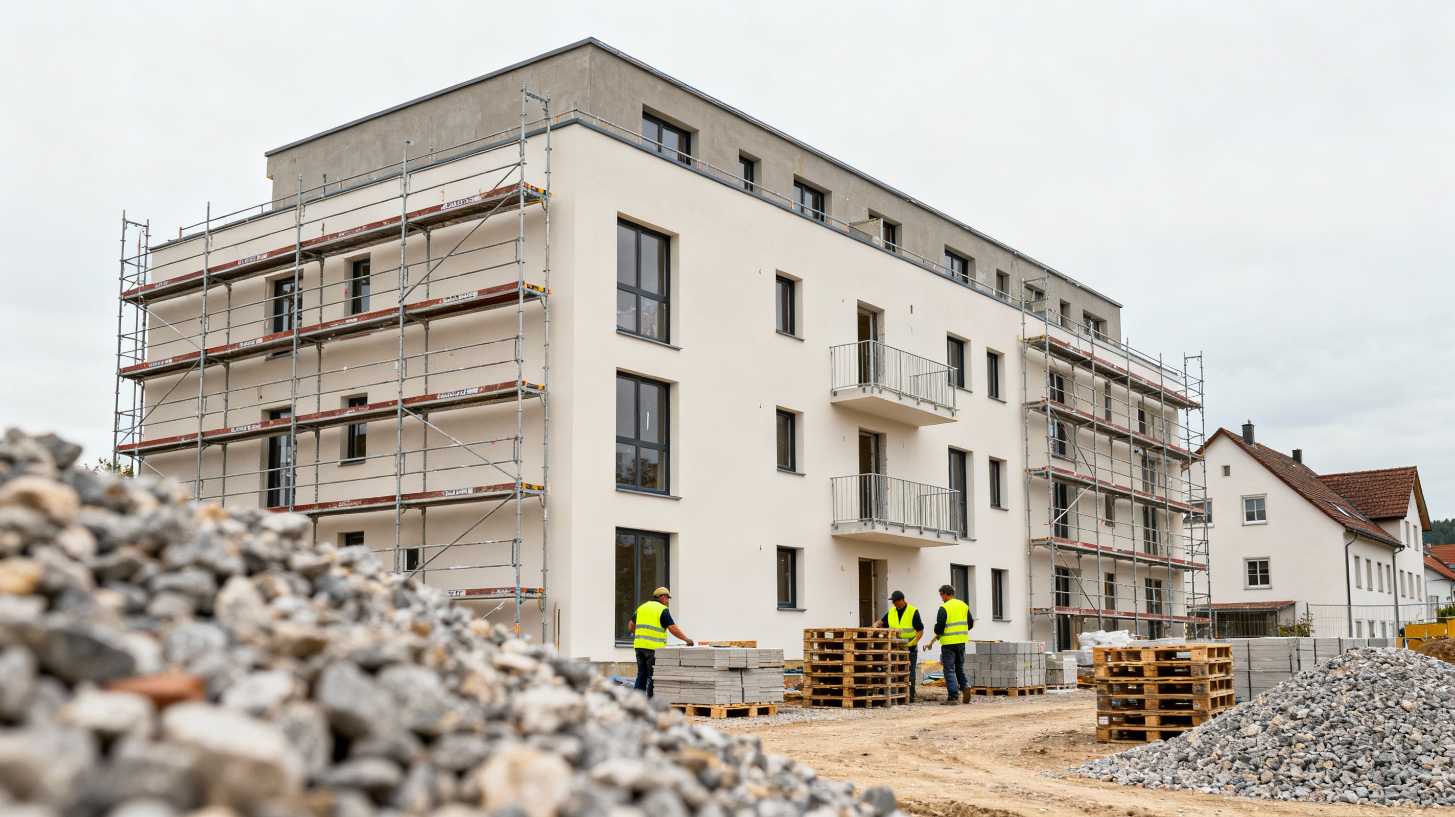Mehrfamilienhaus im Rohbau mit Gerüst und Fassadendämmung