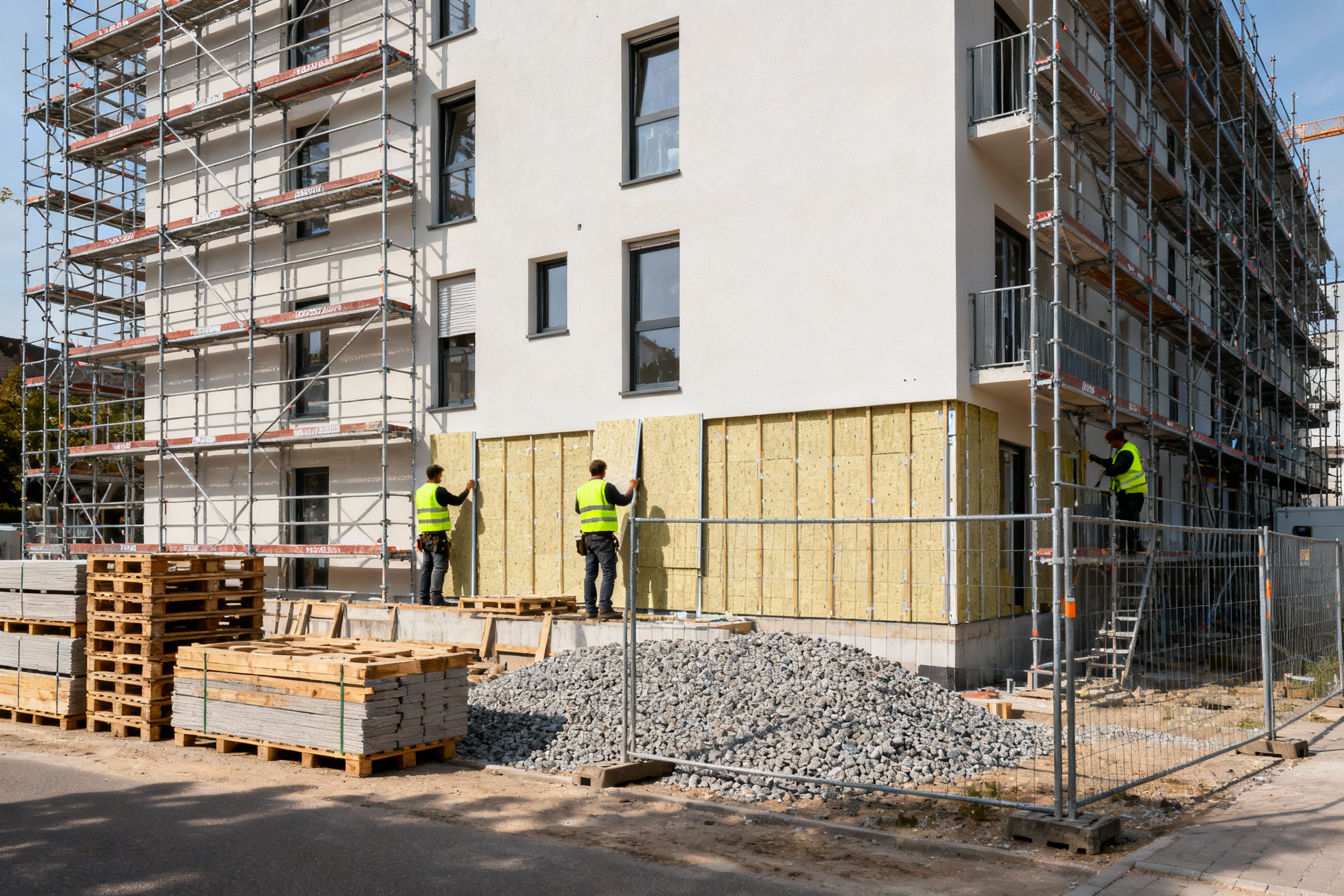 Mehrfamilienhaus im Bau mit Gerüst