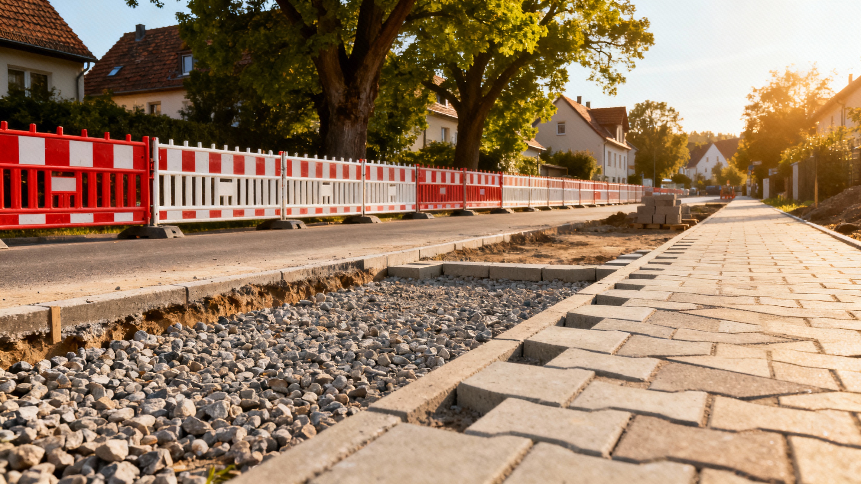 Gehweg- und Pflasterarbeiten entlang einer Wohnstraße mit Absperrungen