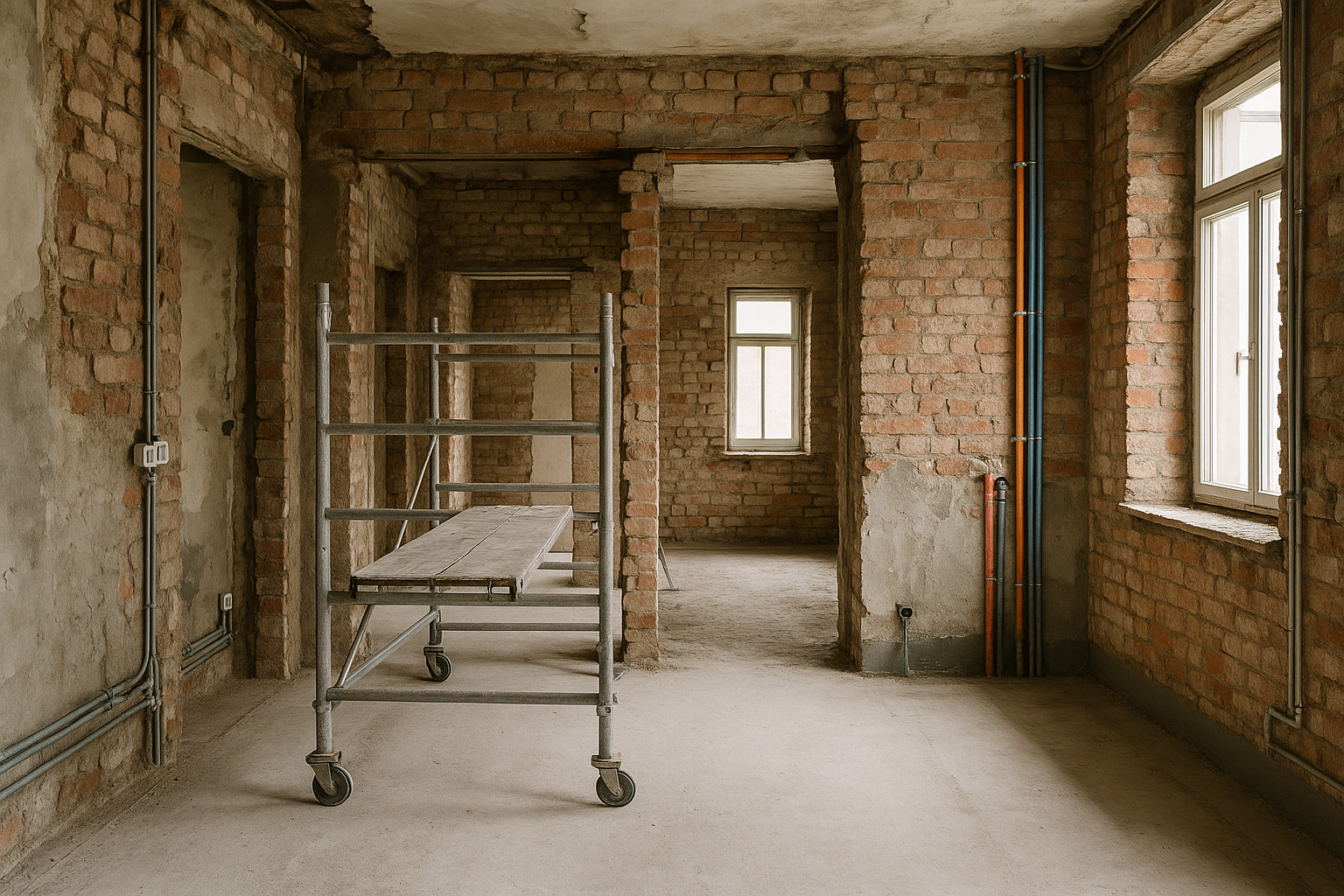 Sanierungs- und Kernsanierungsarbeiten in einem entkernten Wohnhaus